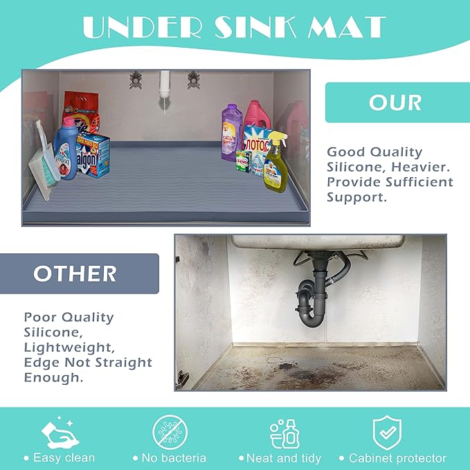 URMONA Waterproof Silicone Under Sink Mat 22'' x 14'' Shelf Liner for Kitchen and Bathroom, Cabinet and Counter Protector, Storage and Organizers, Litter Mat, Pet Cat Puppy Essentials(Light Grey)-Ruum Studio Home