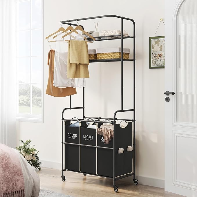 Laundry Sorter 3 Section,Laundry Hamper Cart with Hanging Rack & Removable Bags,Heavy Duty Laundry Basket with Wheels & 2 Tier Shelf,Space-Saving Laundry Basket Organizer for Laundry Room-Ruum Studio Home