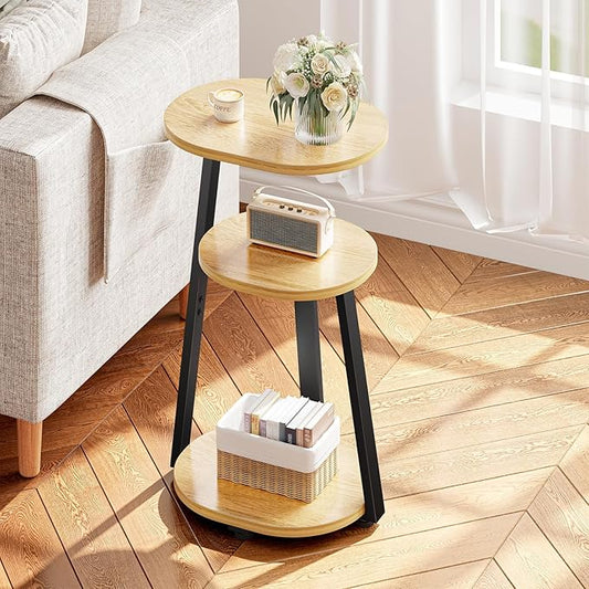 Side Table, Small End Table with Metal Frame, 3-Tier Bedside Tables, Round Side Tables for Living Room Bedroom Couch Bathroom, Oval, Modern Oak-Ruum Studio Home