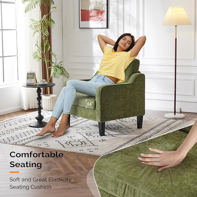 VINGLI Accent Chairs Set of 2 Living Room Chairs Olive Green Reading Chair for Bedroom Scooped Arm Chair Mid Century Modern Accent Chairs Upholstered Comfy Chair for Apartment, Waiting Room-Ruum Studio Home