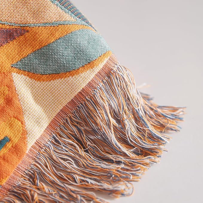 Boho Throw Blanket for Couch Sofa Bed, 100% Cotton Woven Quilt with Tassel 80”x90”, Super Soft Muslin Blanket with Floral Printed, Decorative Reversible Bed Blanket/Cover for All Seasons-Ruum Studio Home