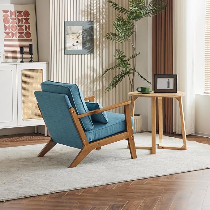 Karl home Accent Chair Wide Armrest Mid-Century Lounge Chair Linen Fabric Armchair with Lumbar Pillow & Solid Wood Frame for Living Room, Bedroom, Balcony, Cyan-Blue-Ruum Studio Home