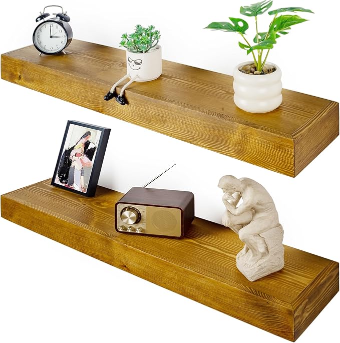 Floating Shelves 3 inch Thick for Wall Set of 2,Solid Pine Wood Wall Mount Shelf for Kitchen Living Room Bedroom Bathroom,8" D x 36" L x 3" H-Gold Oak-Ruum Studio Home