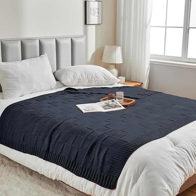 CozeCube Check Knit Throw Blanket, Midnight Navy Checkered Throw for Couch, Decorative Christmas Soft Cozy Warm Knitted Blanket for Bed Sofa Living Room, 60"X80"-Ruum Studio Home