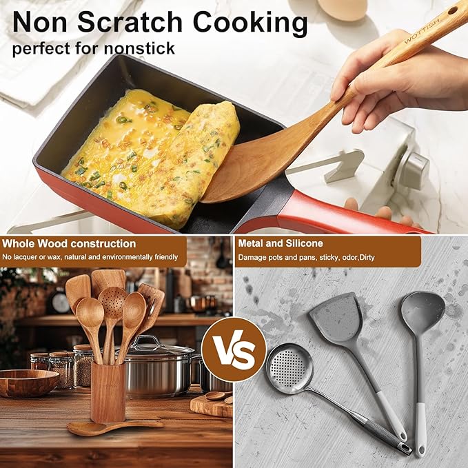 Wooden Spoons for Cooking - 8-Piece Wooden Kitchen Utensil Set made of Natural Solid Wood Material - Includes Spoons, Spatulas, Ladles, Strainer Spoon, Salad Fork, Mixing Spoon and Utensil Holder-Ruum Studio Home