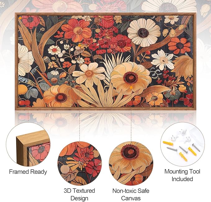 Aurlan Boho Burnt Orange Terracotta Wildflowers Framed Wall Art(40"x20"), Abstract Floral 3D Textured Canvas Artwork, Large Modern Vintage Botanical Nature Art Wall Decor for Home Office Living Room Bedroom-Ruum Studio Home