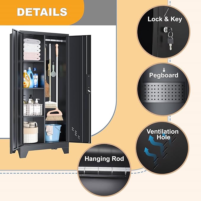 61" H Metal Storage Cabinet, Utility Cabinets with Locking Doors, Laundry Cabinet with Hanging Rod, Garage Tool Storage Cabinets for Home Office, Garage, Bathroom (Black)-Ruum Studio Home