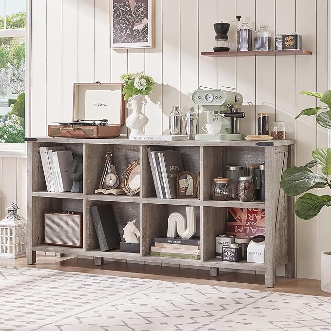8 Cube Book Shelf, Farmhouse Wood Long Storage Organizer Bookcase, 62" Horizontal Grey Oak Console Closet Bookshelf, Hallway TV Stand for Entryway, Display Cabinet Book Case for Living Room-Ruum Studio Home