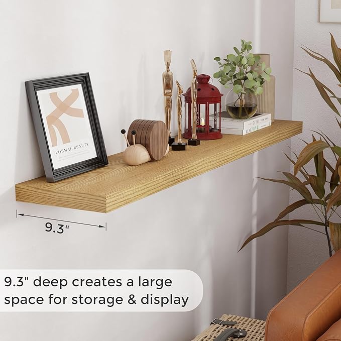 55 Inch Floating Shelves Set of 2, Rustic 55 x 9 Floating Shelf for Wall, 9 Inch Deep Wall Shelves Invisible Bracket, Large Deep Shelving for Bedroom, Kicten, Living Room, Oak Color-Ruum Studio Home