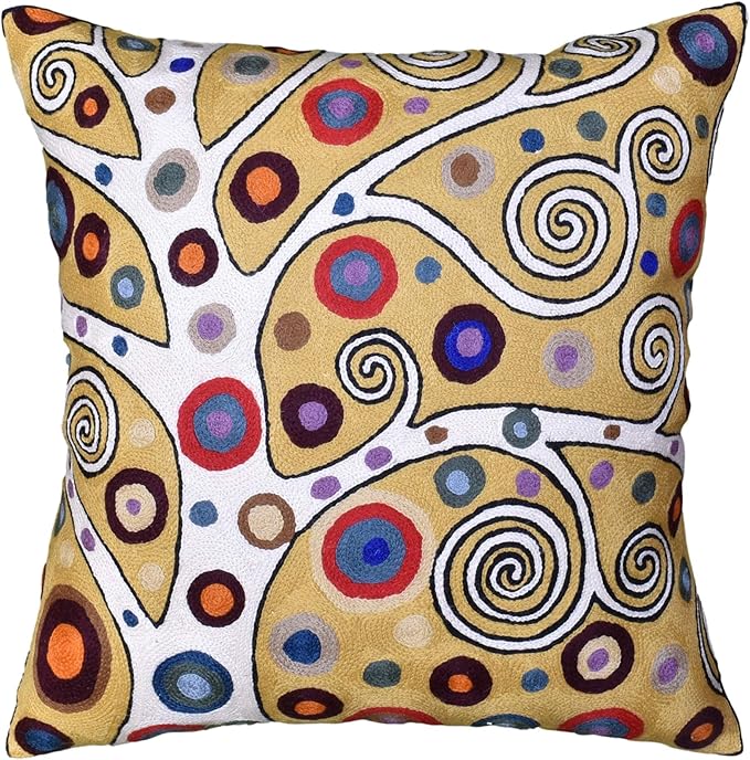 Decorative Pillow Cover Tree of Life Yellow Gold Pillows Botanical Yellows Throw Pillowcase for Couch | Mid Century Pillows for Sofa | Hand Embroidered Cushions Wool 18x18-Ruum Studio Home