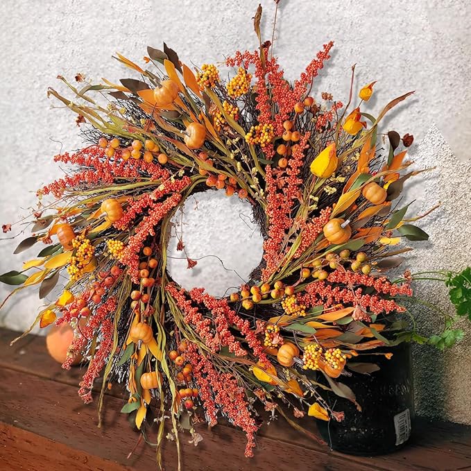 WANNA-CUL 24 inch Fall Wreath Decor for Front Door with Pumpkins, Hawthorn,Grain,Lantern Fruit,Berries,Eucalyptus Leaves, Large Harvest Door Wreath for Autumn or Thanksgiving Decoration-Ruum Studio Home