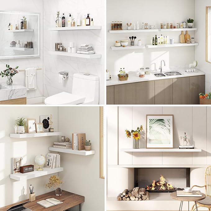 Dreamland 32 Inches Floating Shelves for Wall, 9.3" Deep Long Floating Shelves Set of 2, Large Display & Storage Shelf, Wall Shelf for Bathroom Bedroom Living Room Kitchen Office, White-Ruum Studio Home