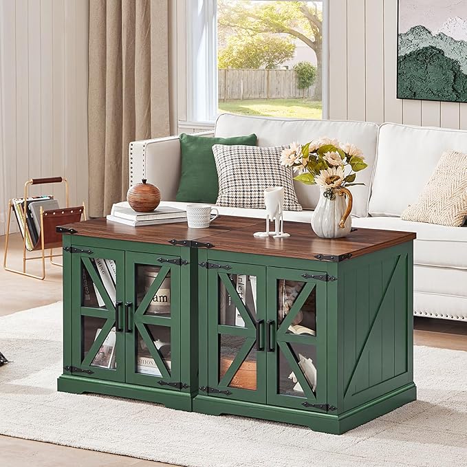 24" End Table with Charging Station, Farmhouse Night Stand with Glass Barn Door, Green Nightstands with Adjustable Storage Shelf, Large Wood Square Bed Side Table for Living Room, Bedroom-Ruum Studio Home