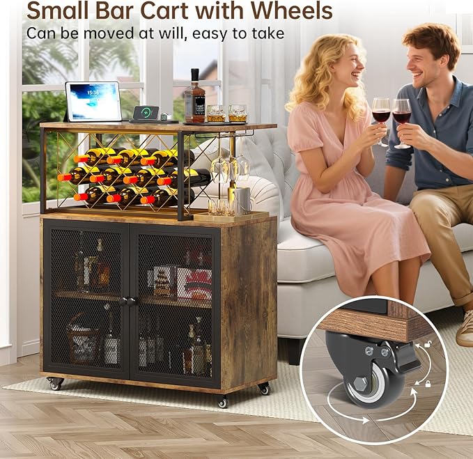 Wine Bar Cabinet with Wheels, 4-Tier Bar Cart with Power Outlets and LED Light, Liquor Cabinet Home Mini Bar with Wine Rack, Coffee Bar Cabinet for Liquor, Rustic Brown-Ruum Studio Home
