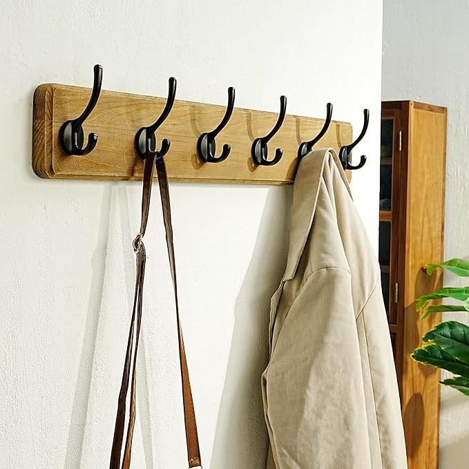 Dseap Wall Mounted Coat Rack: 24" Long, Patented, Heavy-Duty, 6-Double-Hooks Wooden Hanger Rail for Winter Coats, Hat, Jacket, Clothing - Weathered Brown, Pack of 2-Ruum Studio Home