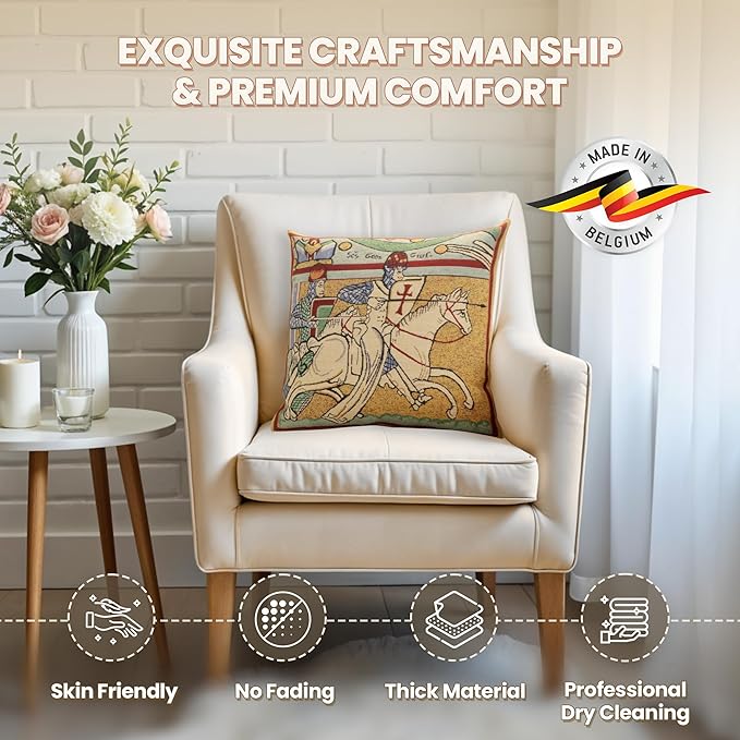 Charlotte Home Furnishings Chevaliers de St.Gregoire Throw Pillow Cover 16" x 16" – Medieval Knight Tapestry Cushion Case for Sofa, Couch, & Bed | Cotton Jacquard Woven in Europe | Insert Not Included-Ruum Studio Home