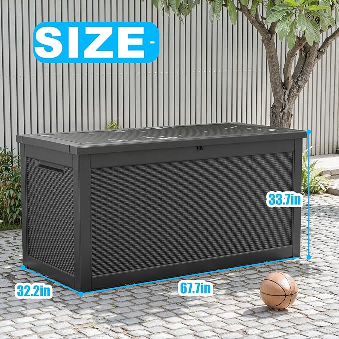 260 Gallon Large Resin Deck Box, Lockable Outdoor Storage Box for Patio Cushions Storage Furniture,Garden Tools, Pool Supplies, Weatherproof and UV Resistant-Black Rattan (260 Gallon)-Ruum Studio Home