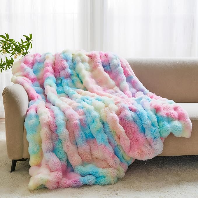 RYNGHIPY Faux Fur Throw Blanket Tie Dye Colorful Rainbow Blanket for Couch Plush Fluffy Faux Rabbit Fur Decoration Blanket for Sofa Chair Bed (Rainbow, 63''x79'')-Ruum Studio Home