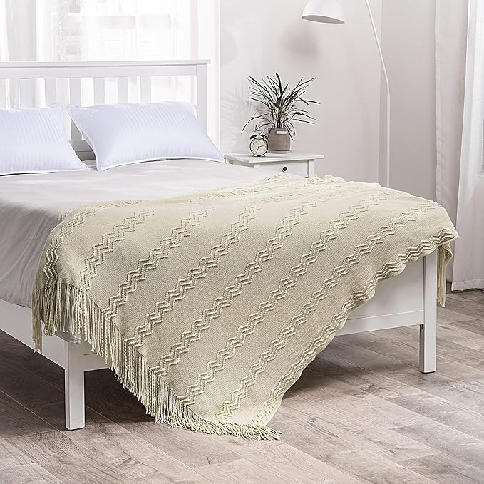 MIULEE Knitted Beige Throw Blanket Soft Sofa Knit Blanket for Couch 50 x 60 Inches, Solid Cozy Lightweight Wave Pattern Decorative Blankets with Tassels for Women, Kids and Babys-Ruum Studio Home