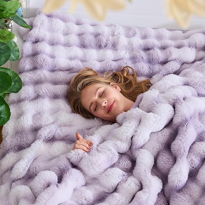 Lotus Karen Faux Fur Throw Blanket Tie-Dye Purple - Big Bubble Rabbit Fluff Blanket for Couch, Large Fluffy Fuzzy Cozy Blanket,Thick Furry Plush Shaggy Blankets,108x90 Inches-Ruum Studio Home