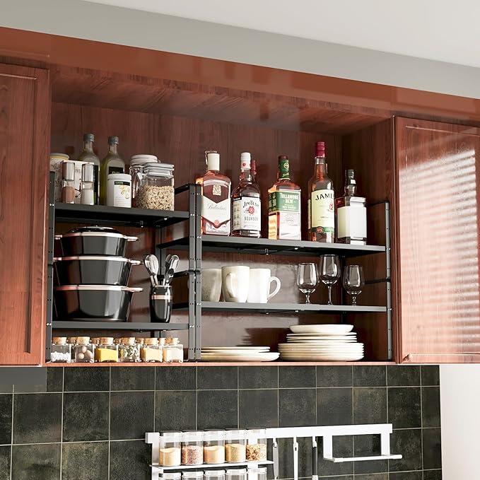 16.5~27.1" Expandable Shelf Organizer, 2Pack 10.2" Wide Stackable Cabinet Shelf Organizers, Black Metal Sturdy Kitchen Counter Storage for Countertop, Adjustable Height Spice Rack-Ruum Studio Home