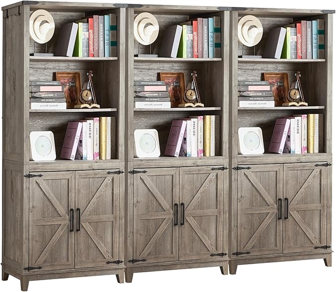 5 Tier Bookshelf 70in Tall Bookcase with Barn Doors and Storage Cabinet, Grey Farmhouse Book Shelf with Adjustable Shelves, Wood Freestanding Display Bookshelves for Bedroom, Kitchen (3PCS)-Ruum Studio Home