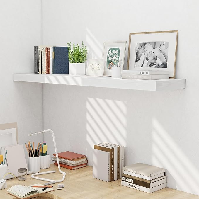 Fun Memories 55 Inch Fireplace Mentel Shelf, 10 Inch Deep Shelves for Display & Wall Storage, Rustic Wood Wall Shelf, Extra Long Floating Shelves for Living Room Laundry Room, White, Set of 1-Ruum Studio Home