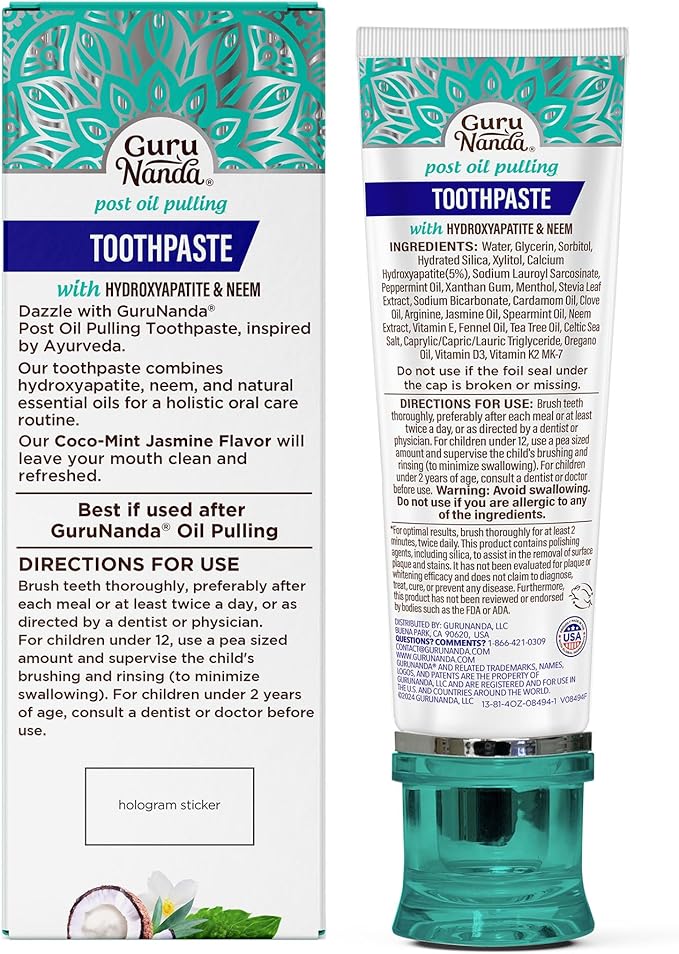 GuruNanda Hydroxyapatite Toothpaste, SLS & Fluoride Free, Whitening Toothpaste - Freshens Breath, Fights Plaque - Natural CocoMint Jasmine Neem, 4.2oz-Ruum Studio Home