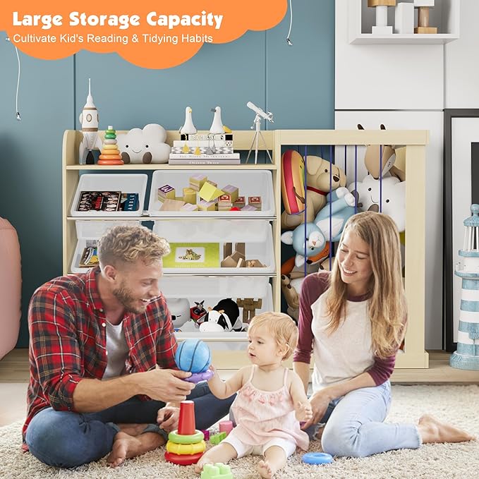 Kids Toy Storage Organizer with 6 Removable Plastic Bins Toddler Montessori Bookshelf with Stuffed Animal Net Holder Baby Bookcase Plush Organizer for Playroom,Bedroom,Kids Room,Classroom-Ruum Studio Home