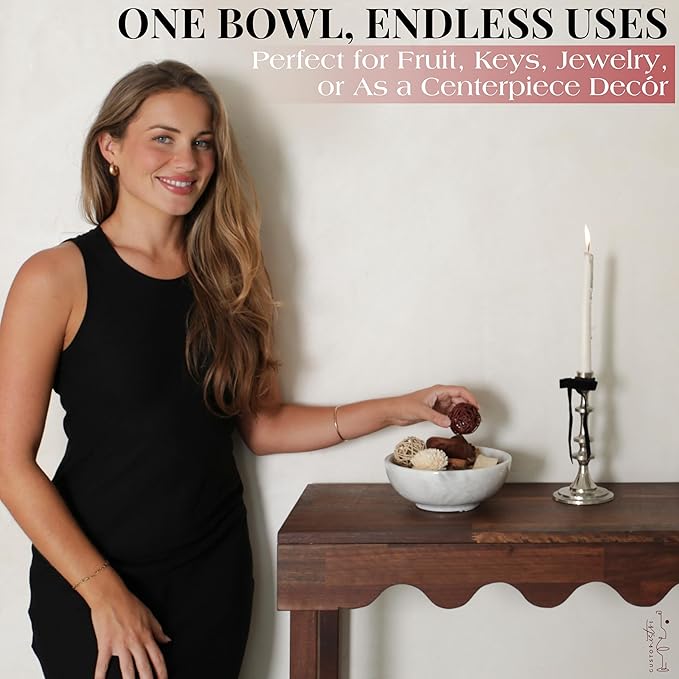 Gusto Nostro 8" Luxury White Marble Decorative Bowl for Coffee Table - Elegant Modern Fruit Bowl for Kitchen Counter - Heavy Stone Entryway Catch all for Keys, Jewelry, Potpourri Holder - Medium Size-Ruum Studio Home