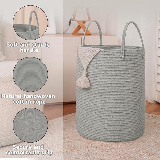 Large Woven Laundry Basket Hamper,100L Cotton Rope Storage Bin for Blankets,Toys and Clothes,Decorative Tall Nursery Hamper for Living Room,Baby Nursery,Bathroom and Bedroom,Grey-Ruum Studio Home