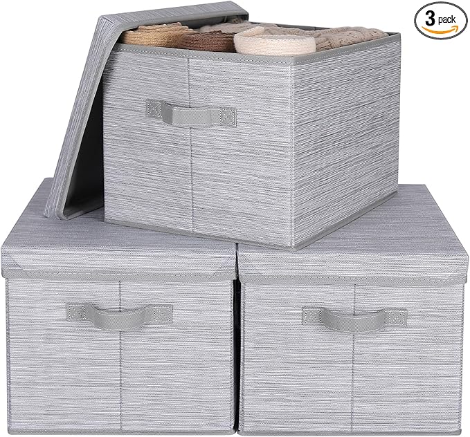 WUIKE 3 Pack Extra Large Closet Storage Bins with Lids, Gray Storage Boxes with Handles, Fabric Storage Baskets with Cover for Bedroom-Ruum Studio Home