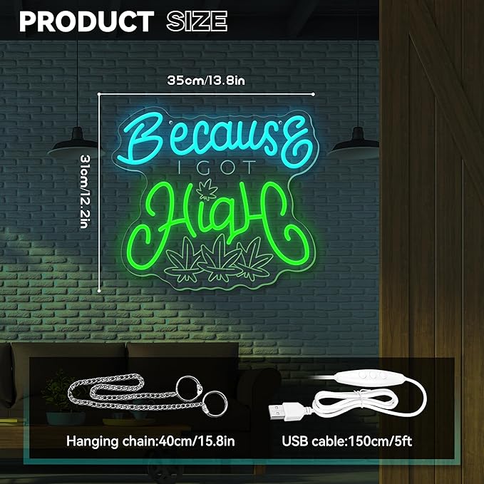 Leaf Neon Sign, Because I Got High Neon Signs for Wall Decor, Dimmable Acrylic Neon Lights for Living Room Bedroom Bar Pub Club Man Cave Game Room Hotel Party Decorations-Ruum Studio Home