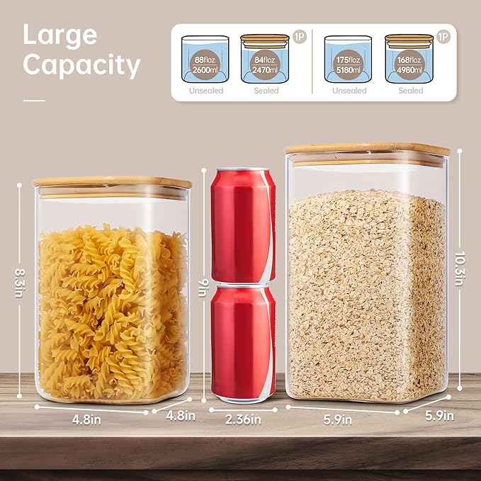 Extra Large Square Glass Flour & Sugar Storage Containers with Airtight Lids, 168oz & 84oz - 2 Pack Glass Jars with Bamboo Lids, Air tight Pantry Food Storage Containers for Cereal, Pasta, Rice-Ruum Studio Home