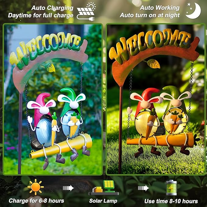 HONGLAND Solar Lights Outdoor Decor, Gnomes Swing Garden Decor, Funny Gardening Gifts for Women Mom, Gnome Outdoor Decorations with Welcome Sign for Front Porch Patio-Ruum Studio Home