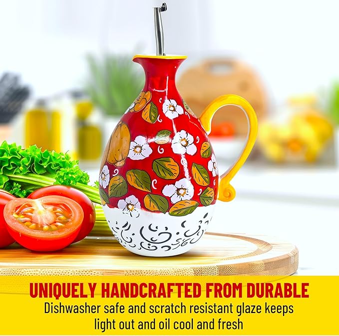 Hand-Painted Ceramic Olive Oil Dispenser Bottle – 40oz Decorative Stoneware Cruet with Stainless Steel Pour Spout – Elegant Kitchen Oil & Vinegar Container, Ideal for Coffee Syrups & More-Ruum Studio Home