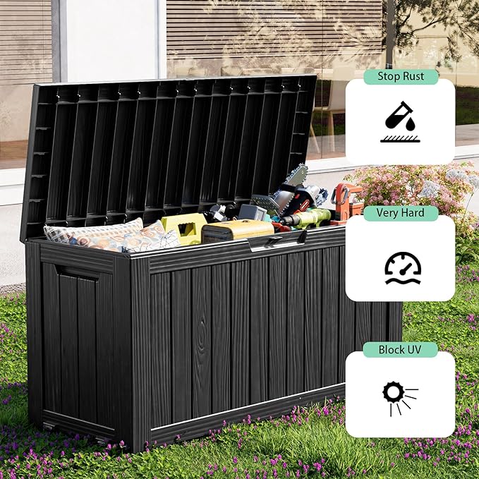 Vixzen 75 Gallon Resin Deck Box, Lockable Outdoor Storage Box for Patio Cushions Storage Furniture,Garden Tools, Pool Supplies, Weatherproof and UV Resistant- Black-Ruum Studio Home
