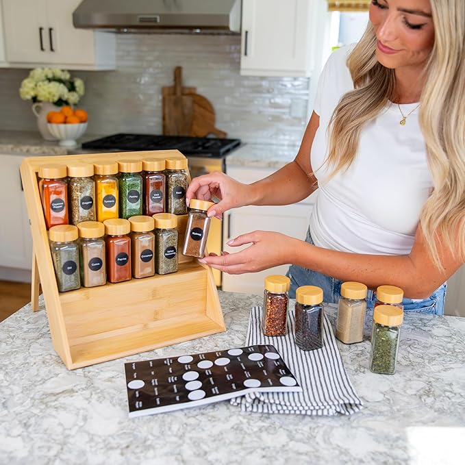 Extra Sturdy 3-Tier Bamboo Spice Rack – 12" W x 10" D x 13" H – Foldable Non-Slip Wooden Spice Organizer for Countertop, Cabinet & Drawer – Includes Labels, Funnel & Hooks – Spice Jars NOT Included-Ruum Studio Home