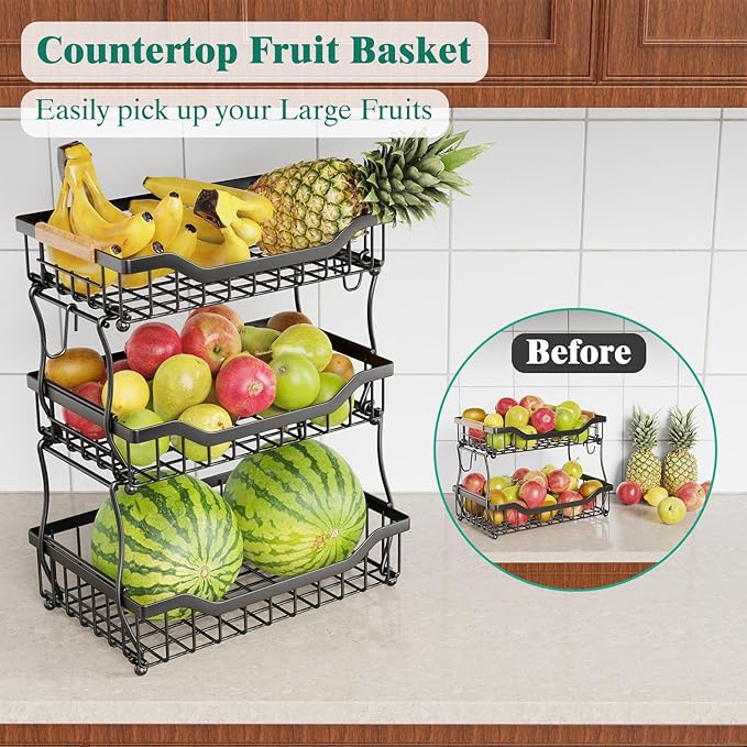 Giwil 3 Tier Countertop Fruit Basket for Kitchen, Vegetable Storage Bread Fruit Bowl Stand with 2 Banana Hooks, Wall Mounted Metal Wire Basket Organizer for Potato Onion, Black-Ruum Studio Home