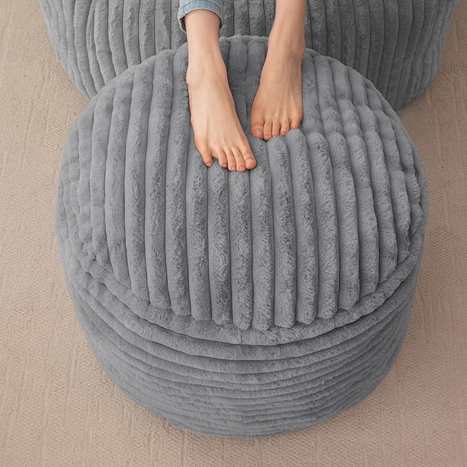 HIGOGOGO Round Stuffed Pouf Ottoman, Stripe Faux Fur Poufs with Foam Chunk Filling, Furry and Fluffy Pouf Foot Stool Storage Ottoman, 26 X 18 Floor Poufs Foot Rest for Living Room, Grey-Ruum Studio Home