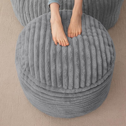 HIGOGOGO Round Stuffed Pouf Ottoman, Stripe Faux Fur Poufs with Foam Chunk Filling, Furry and Fluffy Pouf Foot Stool Storage Ottoman, 20 X 15 Floor Poufs Foot Rest for Living Room, Grey-Ruum Studio Home