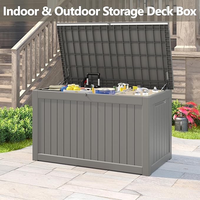 KAMABOKO 230 Gallon Outdoor Storage Box, Resin Deck Boxes Indoor and outdoor, Waterproof Storage Box Lockable Lid for Garden Tools, Package Delivery, Patio Cushions, Grey-Ruum Studio Home