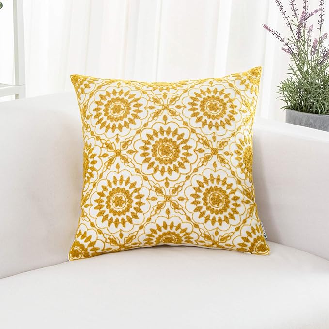 HWY 50 Mustard Yellow Decorative Throw Pillow Covers 18x18 Inch, Pack of 2 Embroidered Cotton Farmhouse Cushion Cover Pillow Case for Sofa Couch Living Room Bed Bedroon, Little Sunflower Design-Ruum Studio Home