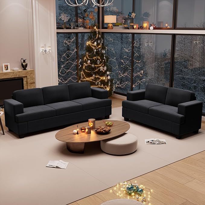 2 Pieces Corduroy Couch Set for Living Room, Black Cloud Sofa, Deep Seat Floor Couch for Bedroom, Futon Modern Sofa Sectional Bed, Black Corduroy-Ruum Studio Home