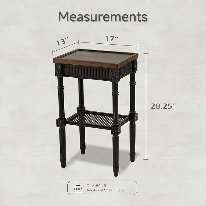 Rustic Farmhouse Cottagecore Accent End Table Set of 2, Distressed Accent Side Table with Espresso Tray Top and Woven Wicker Shelf, Boho, French Country Decor, Square, Weathered Brown & Black-Ruum Studio Home
