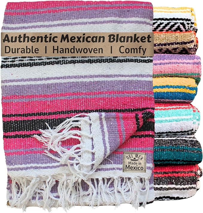 Del Mex Classic Mexican Blanket, Large Authentic Woven Falsa Throw (70"x50"), Artisan Southwest Décor for Beach, Yoga, Outdoors (Pink/Purple)-Ruum Studio Home