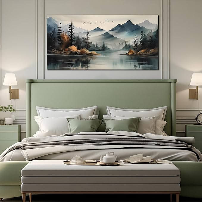 Rustic Wall Art for Living Room Large Size Teal Mountain Tree Landscape Canvas Wall Art for Bedroom Office Decor 29 x 59 Inch-Ruum Studio Home