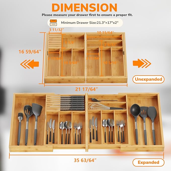BAMEOS Expandable Silverware Drawer Organizer with Removable Knife Blocks, Bamboo Kitchen Utensil Holder from 21" to 36", Large Cutlery Tray with Divider for Forks, Spoons, Knives-Ruum Studio Home