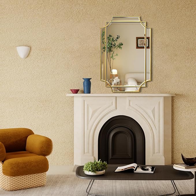 30x20 Inch Gold Bathroom Mirror, Wooden Frame with Scalloped Polished Beveled Glass, Modern Art Wall Decor for Vanity, Irregular Rectangle Mirror for Bedroom, Living Room, Fireplace & Entryway-Ruum Studio Home