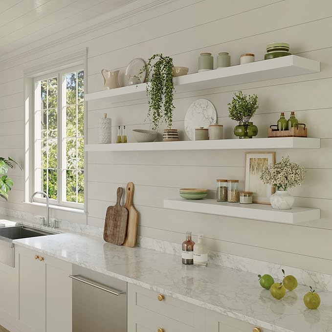 Large Floating Shelves for Wall Set of 3 Wooden Wall Shelves 36 in x 12.75 in x 2 in Room Decor Long Shelf with Invisible Wall Mount Bracket for Bedroom Kitchen Living Room White-Ruum Studio Home